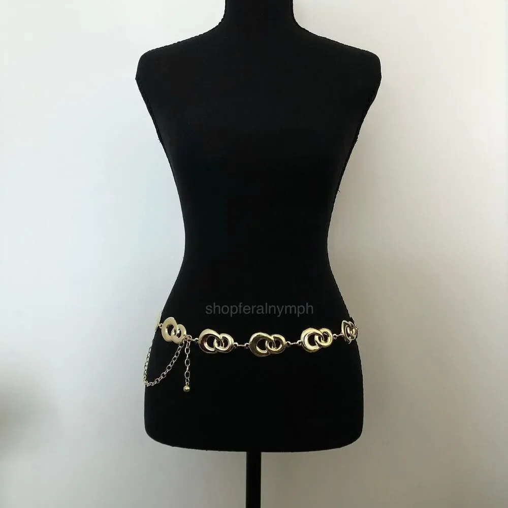 Y2K Geometric Gold Interlocking Loop Chain Belt, Fits 24.5–45 Inches, X7GA1163